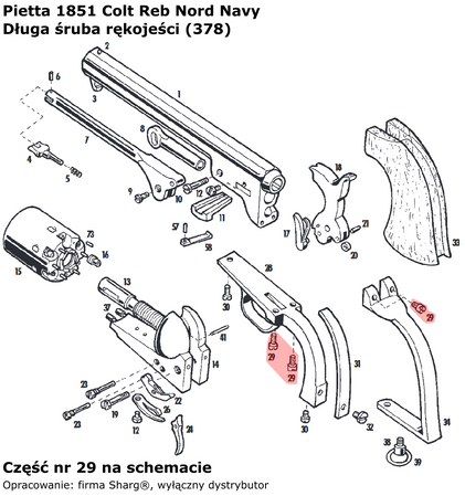 Długa śruba rękojeści 1851 Colt Navy, 1860 Colt Army, 1861 Navy, 1858 Remington (378)