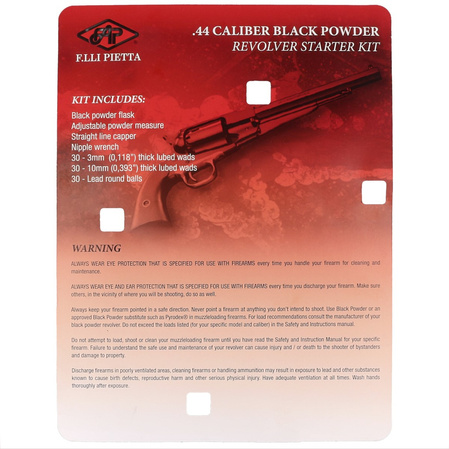 Zestaw Pietta do rewolweru czarnoprochowego .44: prochownica, miarka, kapiszonownik, przybitki filcowe, kule, klucz do kominków (AC1410/44)