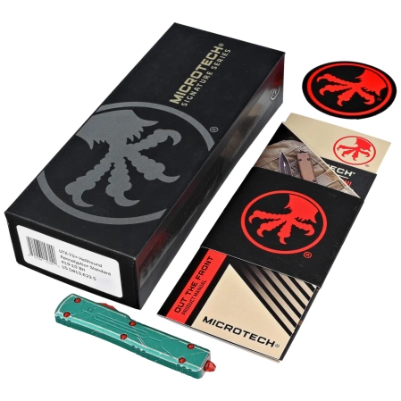 Microtech UTX-70 Hellhound Bounty Hunter Signature OTF Knife Distressed Green Aluminum, Apocalyptic M390 (419-10BH)