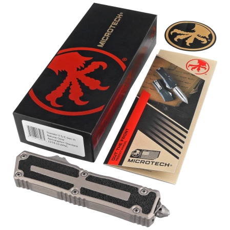 Microtech Scarab II Gen III S/E OTF Knife Natural Clear Aluminum, Apocalyptic M390MK by Tony Marfione (1278-10APNC)