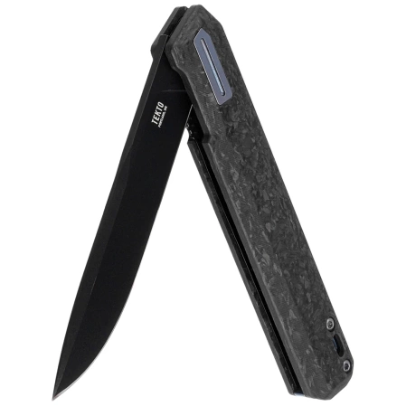 Tekto F2 Bravo Knife Black Forged Carbon Fiber, Blue HW/Clip, Black D2