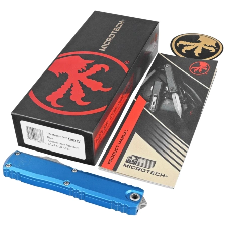 Microtech Ultratech Gen IV D/E OTF Knife Blue Aluminum, Apocalyptic M390MK by Tony Marfione (11224-10APBL)