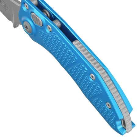 Microtech Stitch-A S/E Automatic Knife Blue Tri-Grip Aluminum, Apocalyptic M390 by Borka Blades and Tony Marfione (169-10APBL)