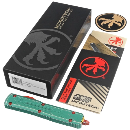 Microtech Ultratech S/E Bounty Hunter Signature OTF Knife Distressed Green Aluminium, Apocalyptic P/S M390 by Tony Marfione (121-11BH)