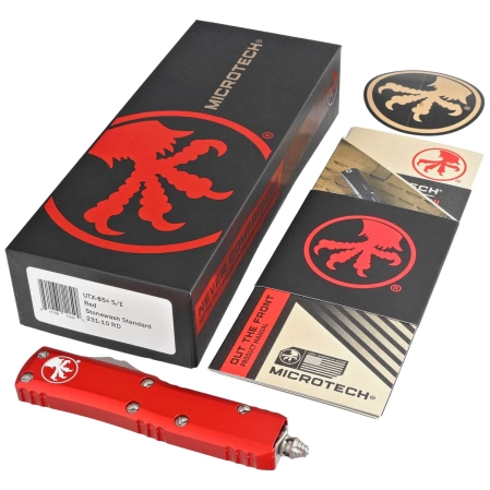Microtech UTX-85 S/E Red Aluminum, Stonewashed M390 OTF Knife (231-10RD)