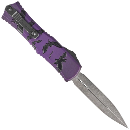 Nóż automatyczny OTF Microtech Hera II Mini D/E Signature Halloween Purple Bats Aluminium, Satin M390MK by Tony and Sean Marfione (1702M-1HWBAS)