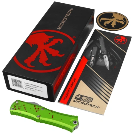 Microtech Hera II Mini Bayonet OTF Knife Zombie Aluminium, Stonewashed M390MK by Tony and Sean Marfione (1701M-10Z)