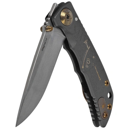 Spartan Blades Harsey 3.25 Folder Plague Doctor Black/Gold Titanium, Stonewashed MagnaCut by William W. Harsey (SF10DOCTOR BK)