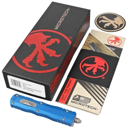 Microtech Dirac D/E Blue Aluminum OTF Knife, Apocalyptic M390 by Tony Marfione (225-10APBL)