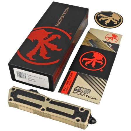 Microtech Scarab II Gen III D/E-S OTF Knife Sand Aluminum, Black M390MK by Tony Marfione (1180-1SN)