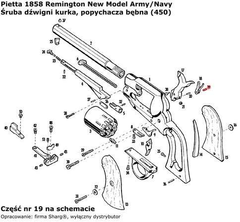 Śruba dźwigni kurka, popychacza bębna Pietta 1858 Remington New Model Army / Navy Stainless (450)