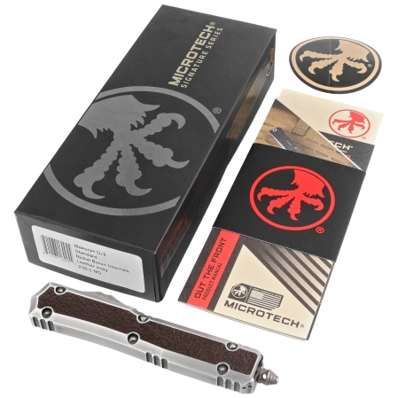 Nóż automatyczny OTF Microtech Makora D/E Signature Silver Distressed Aluminium/Leather, Black Stonewashed M390 by Tony Marfione (206-1MD)