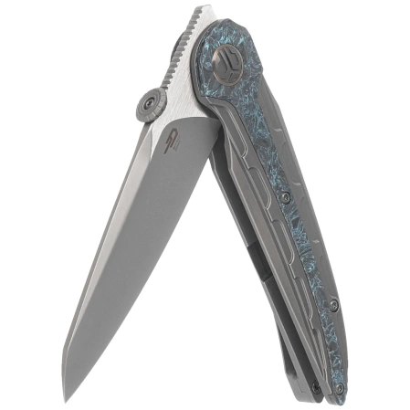 Bestech Prydwen Knife Dark Grey Titanium/Blue Marbled Carbon Fiber, Bead Blasted/Satin MagnaCut by Kombou (BT2409C)