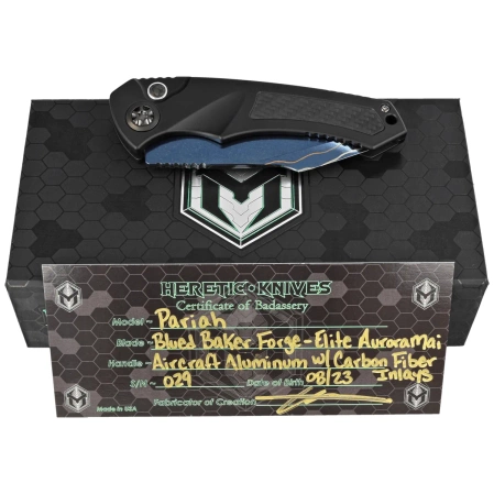 Heretic Knives Pariah-A Custom DLC Aluminium / Carbon Fiber Inlays, Blued Baker Forge AuroraMai Damascus by Tony Marfione Jr.