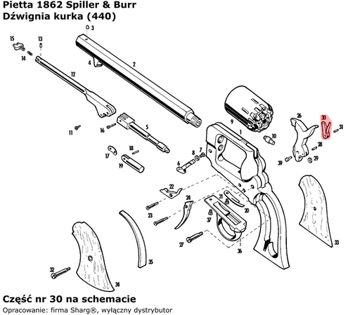 Spring-loaded cocking lever of the Pietta 1858 Remington New Model Army / Navy revolver, 1862 Spiller & Burr (440)
