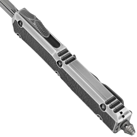 Microtech Makora D/E Signature OTF Knife Silver Distressed Aluminium/Leather, Black Stonewashed M390 by Tony Marfione (206-1MD)