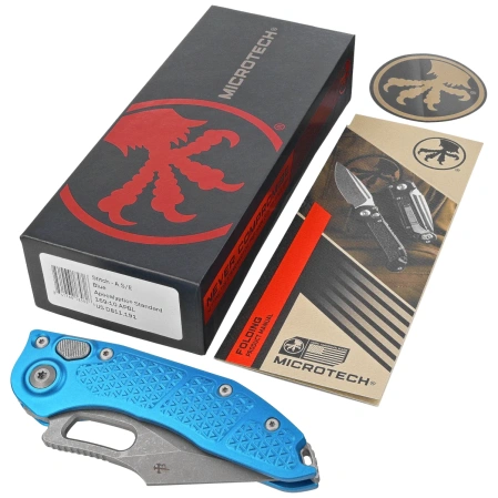 Microtech Stitch-A S/E Automatic Knife Blue Tri-Grip Aluminum, Apocalyptic M390 by Borka Blades and Tony Marfione (169-10APBL)